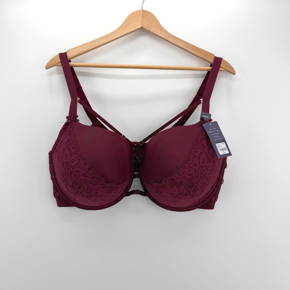 Cacique‎ Boost Balconette Bra Women 44DDD Burgundy Lace Strappy Gold Whimsygoth